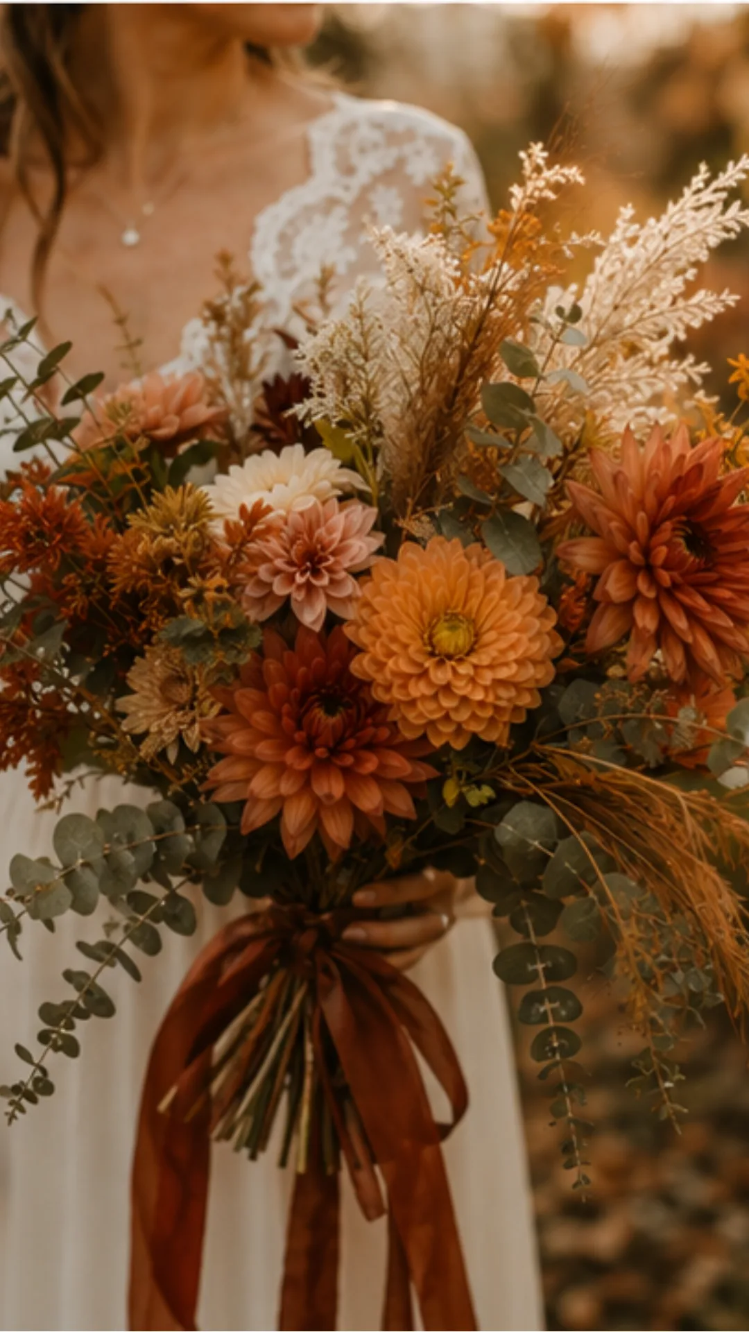 Bridal bouquet of fresh and dried flowers in autumn colors