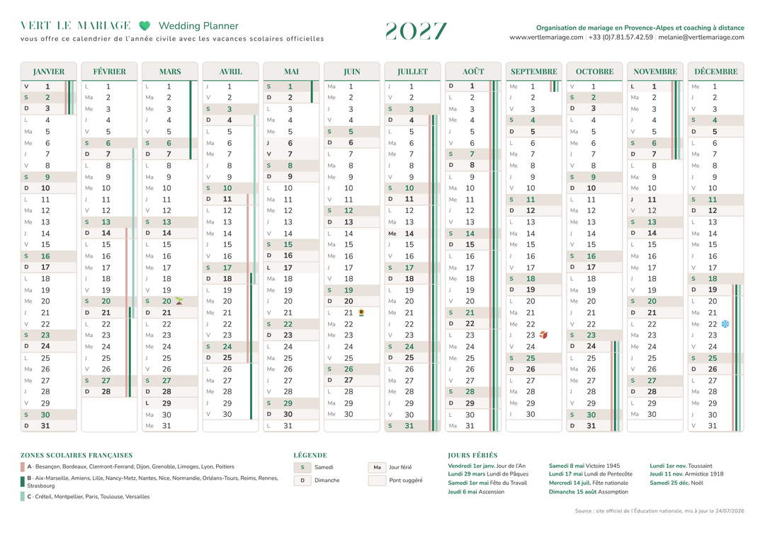 calendrier civil 2027 à imprimer avec vacances scolaires