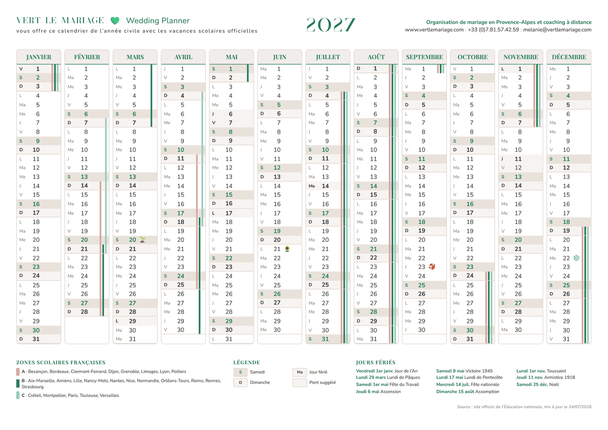 calendrier civil 2027 à imprimer avec vacances scolaires