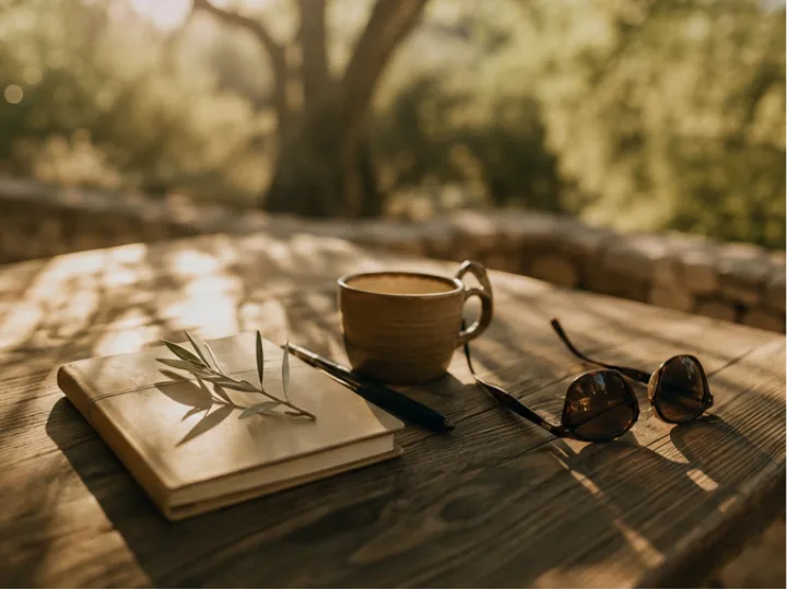 carnet stylo café lunettes table bois provence