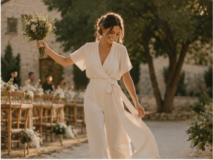 Bride in a jumpsuit with a voluminous belt