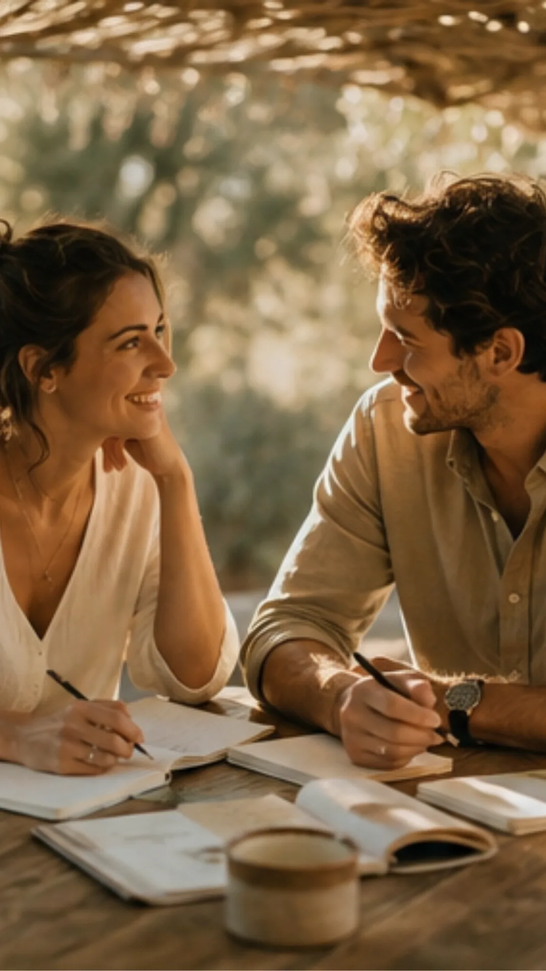 couple choisit date mariage table bois oliviers