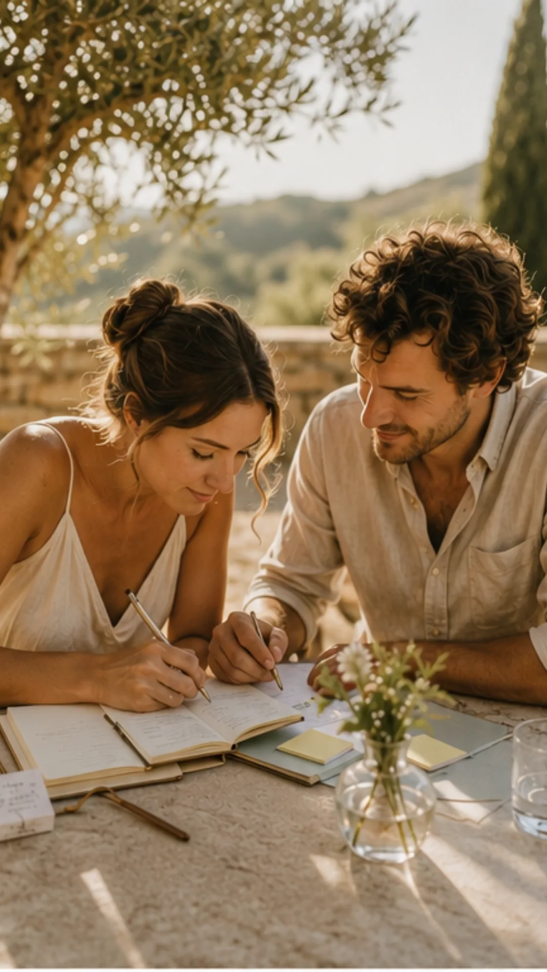Couple de futurs mariés rédige sa liste d'invités de mariage en utilisant la méthode des cercles concentriques