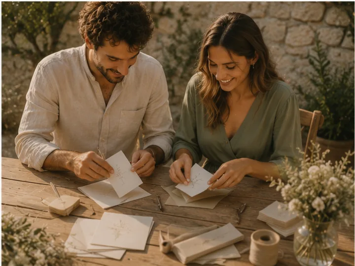 An engaged couple packing their wedding invitations before sending them to their guests