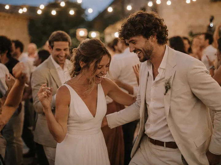 Newlyweds dance, all smiles, as they enter the reception hall amidst their guests