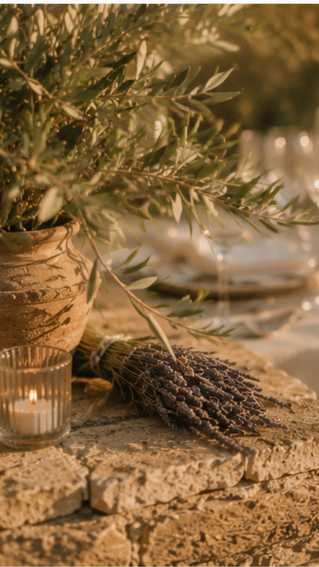 Provençal farmhouse wedding decor featuring olive trees, lavender, and LED candles