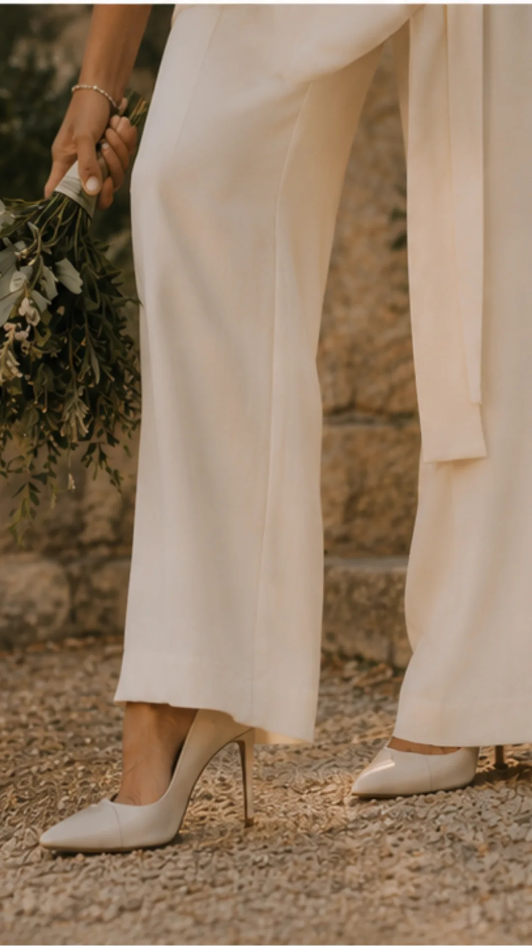 mariée en pantalon, matière, beau tombé, accessoires et ourlet ajusté