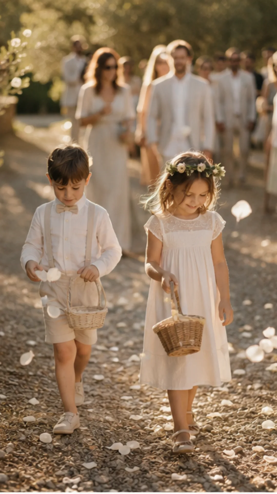 binôme enfants d'honneur avance vers la cérémonie et lancent des pétales