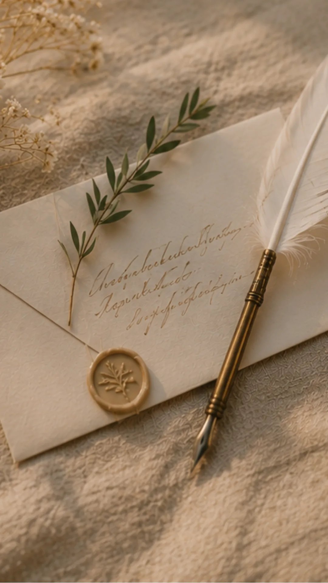 Wedding invitation envelope with wax seal, olive branch, and fountain pen ink lettering