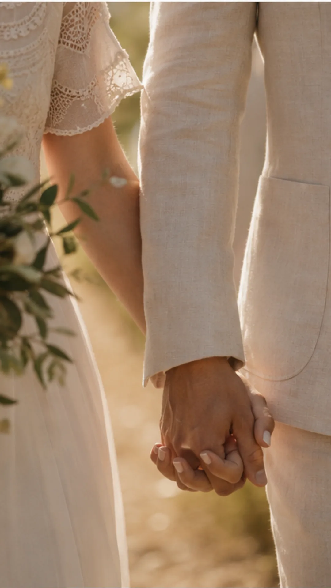 couple mains liées ferme la marche de leur cortège de mariage