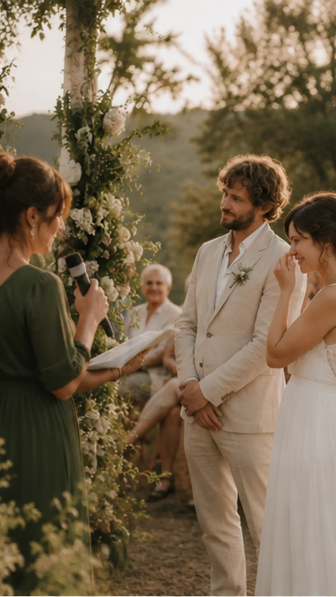 Officiante de cérémonie professionnelle qui unit un couple de jeunes mariés en pleine nature auprès de leurs proches