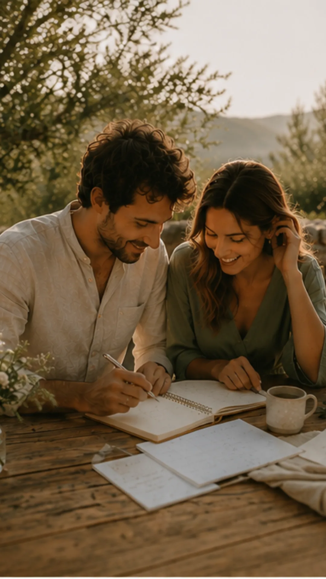 Couple de futurs mariés note les premiers éléments d'organisation de son mariage