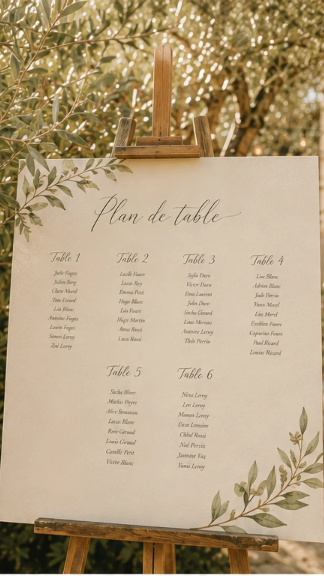 Plan de table nature oliviers sur chevalet vieilli tables numérotées