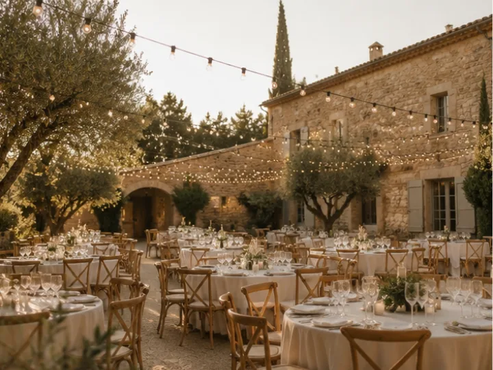 Provençal farmhouse wedding decor featuring olive trees, lavender, and LED candles