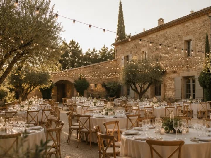 Provençal farmhouse wedding decor featuring olive trees, lavender, and LED candles