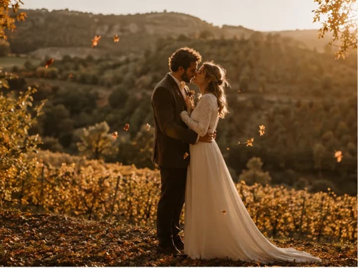 Couple de jeunes mariés s'embrassant devant un champ de vignes à l'automne